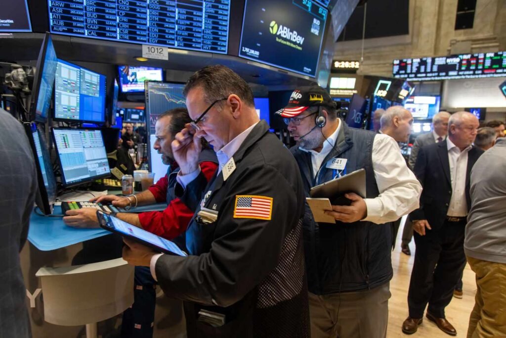 Stock market crash red arrows with warning signs October 2025