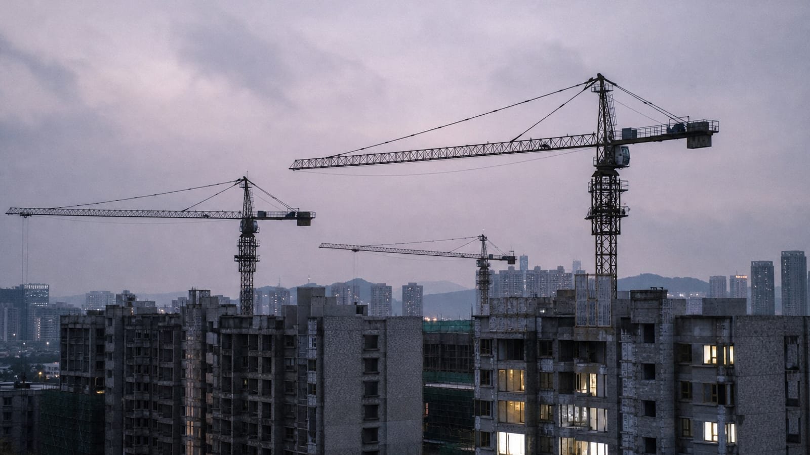 Idle construction cranes over unfinished apartment towers
