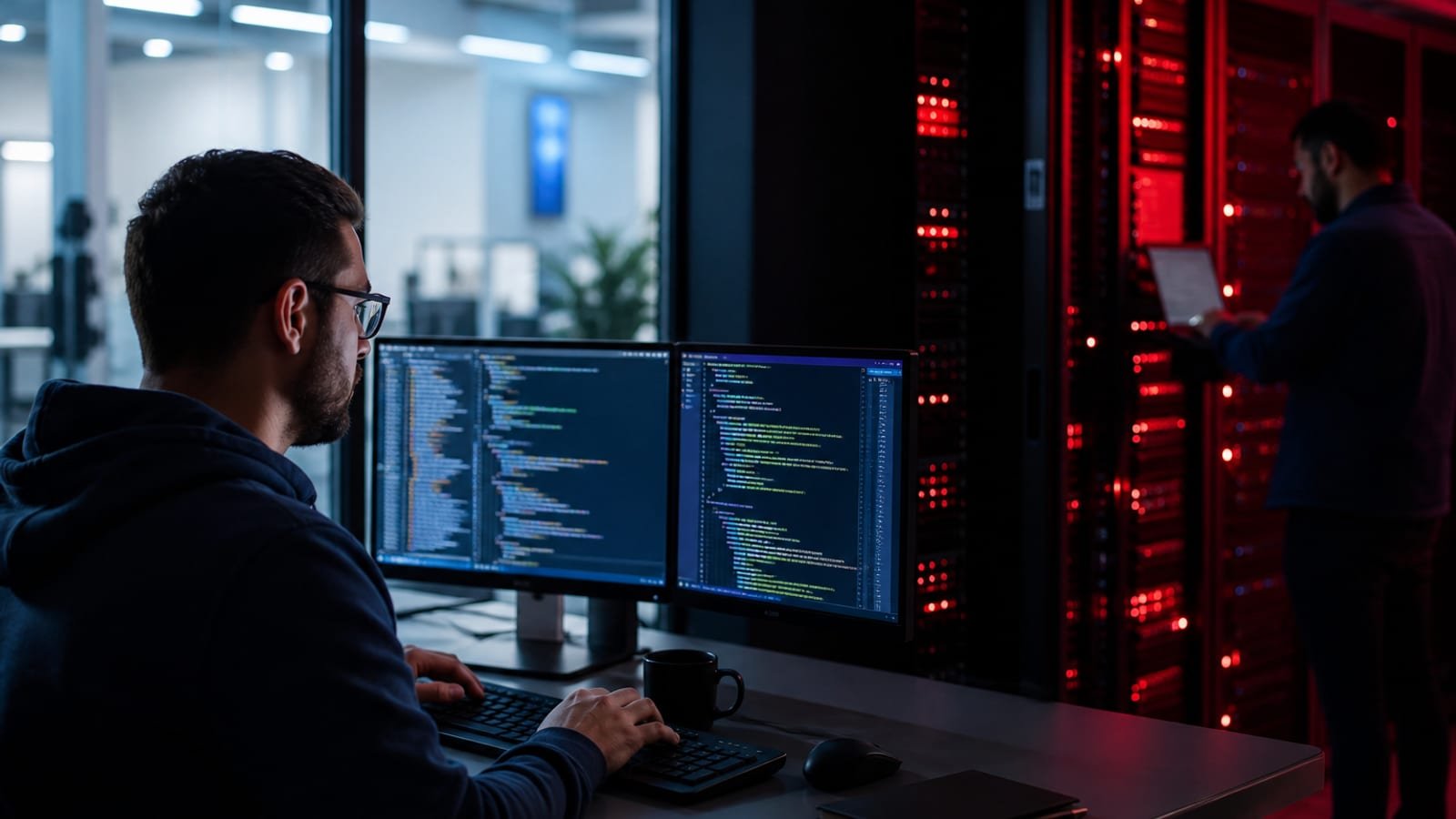 Cybersecurity operations room with dual monitors and server racks