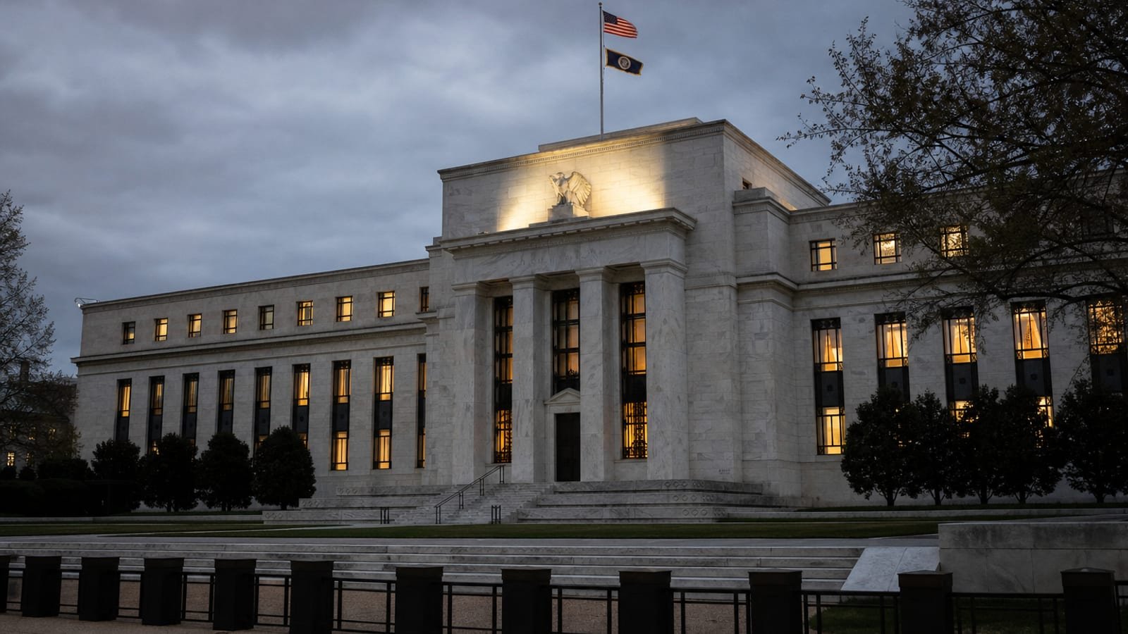 The Federal Reserve building in Washington at dusk