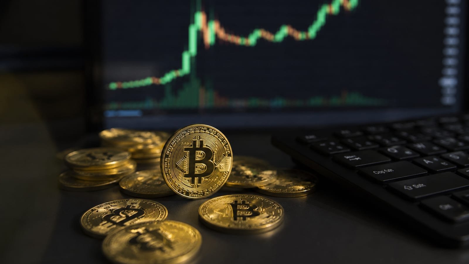 Physical Bitcoin coins on a dark trading desk