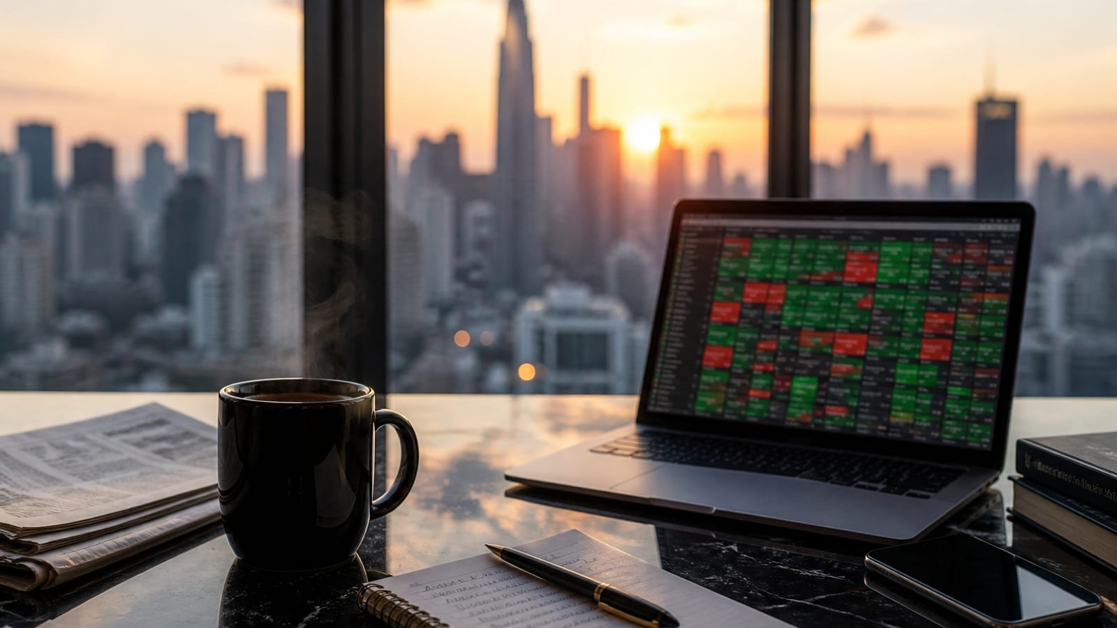Morning news desk with coffee and a laptop at sunrise