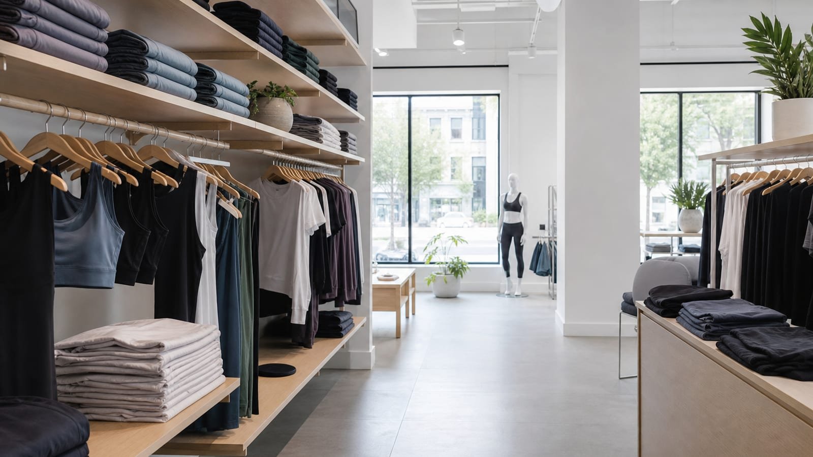Athletic clothing folded on shelves in a quiet boutique