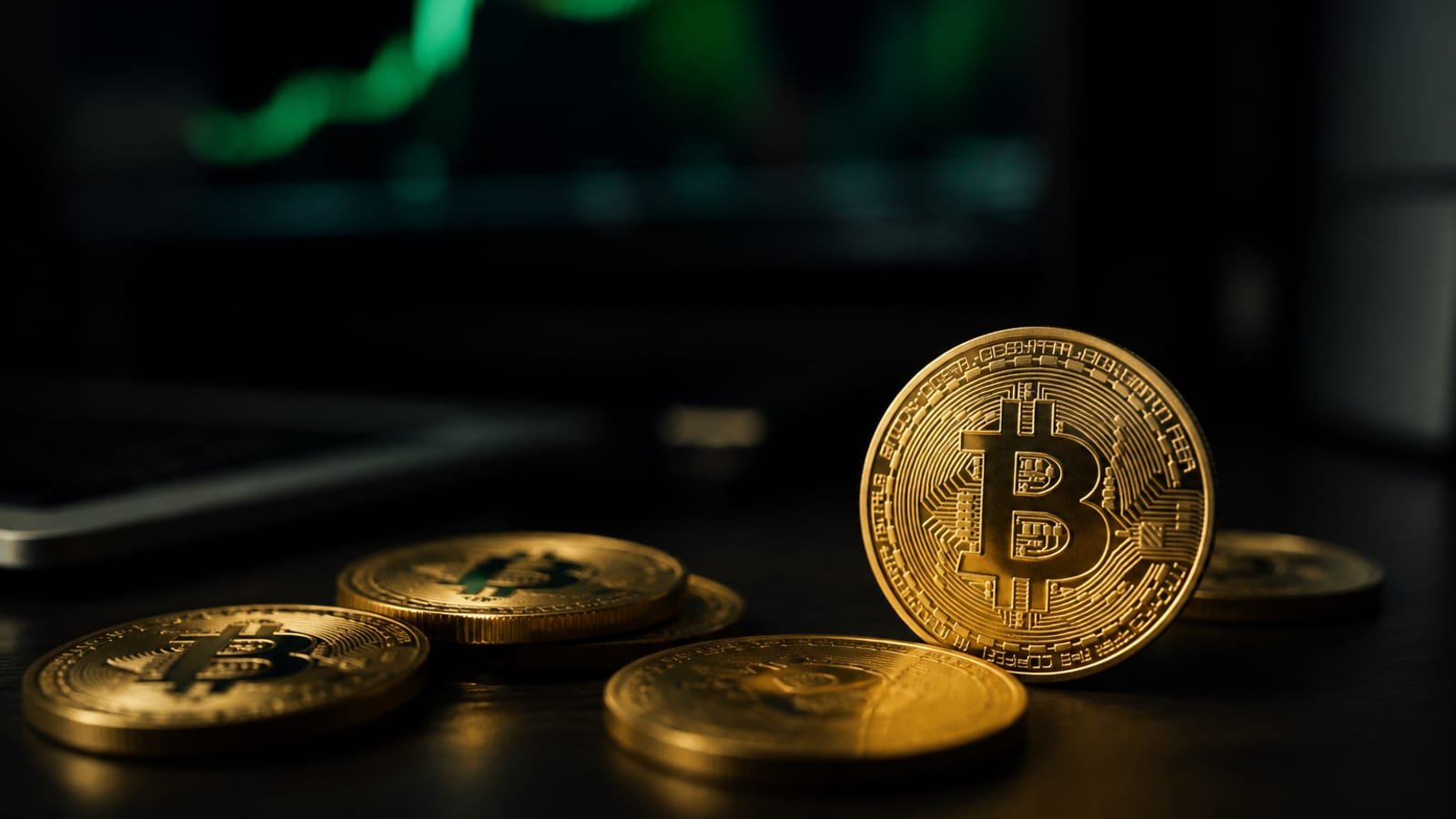 Physical Bitcoin coins on a dark trading desk