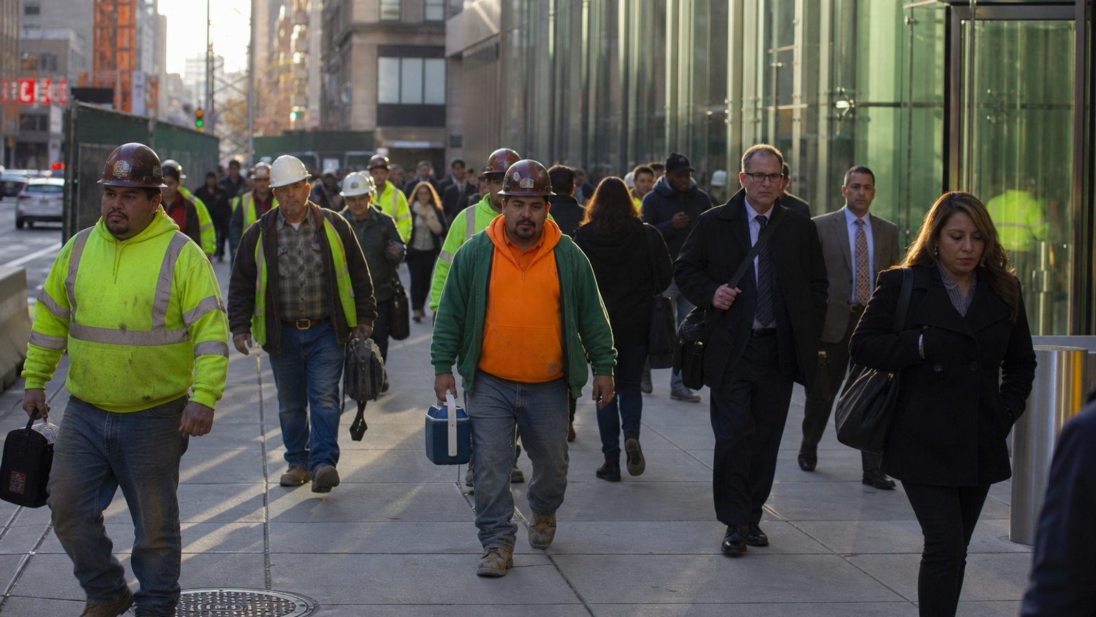 Office workers arriving at a city building at dawn