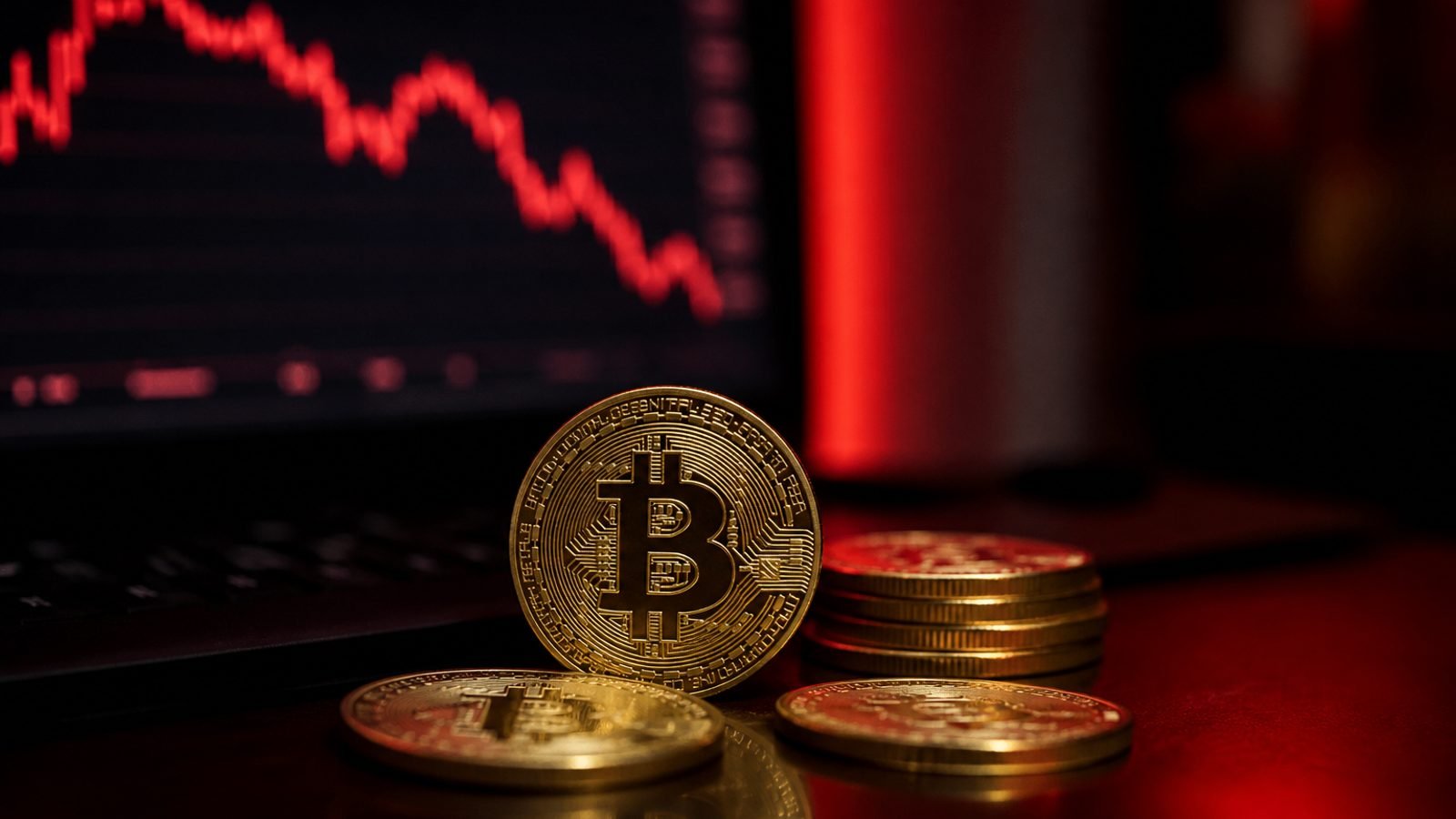 Physical Bitcoin coins on a dark trading desk