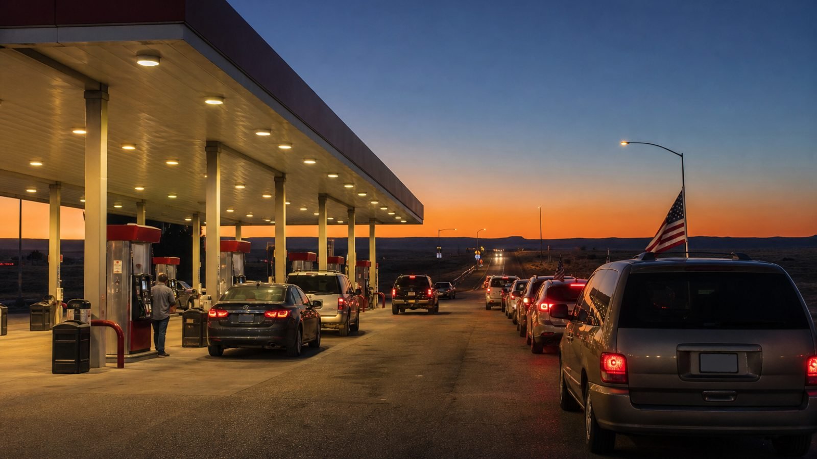 Cars at a highway gas station at dusk
