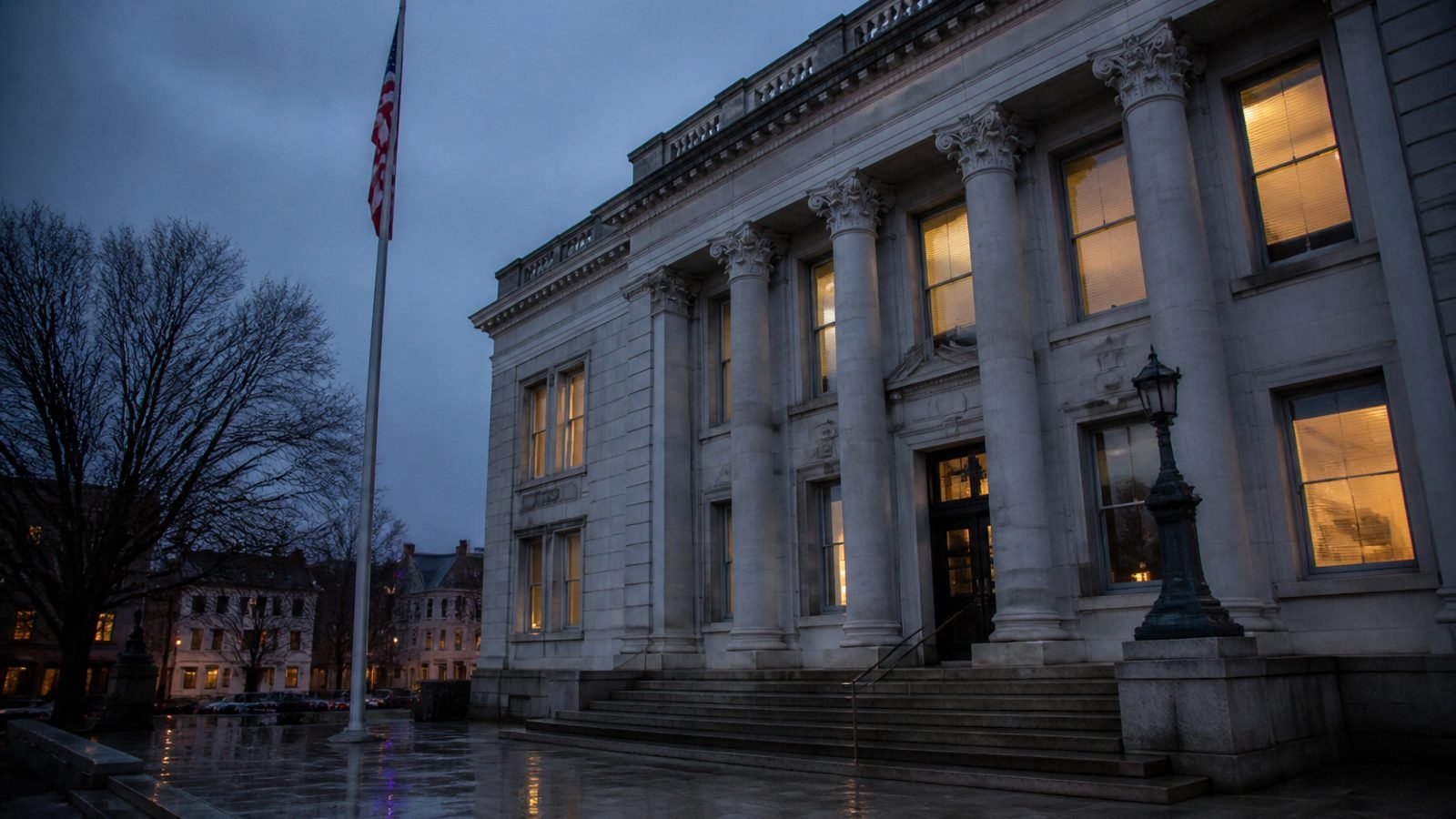 A New England courthouse at dusk with an American flag