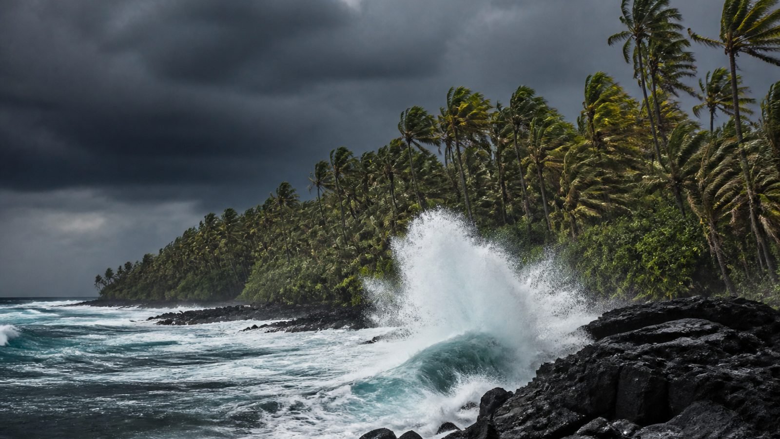 Rough Pacific surf under dark storm clouds on a Hawaiian coast
