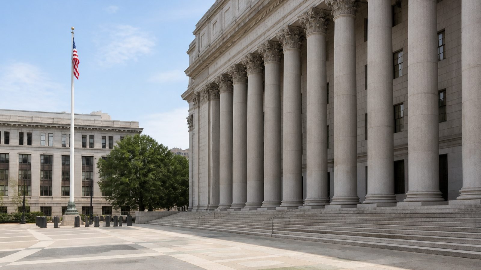 A U.S. federal courthouse exterior with an American flag