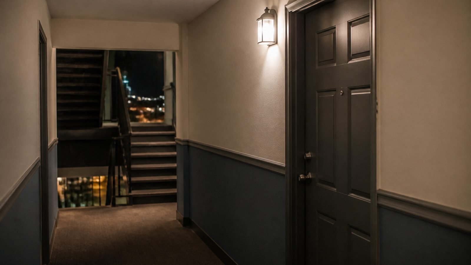 A modest city apartment hallway at night
