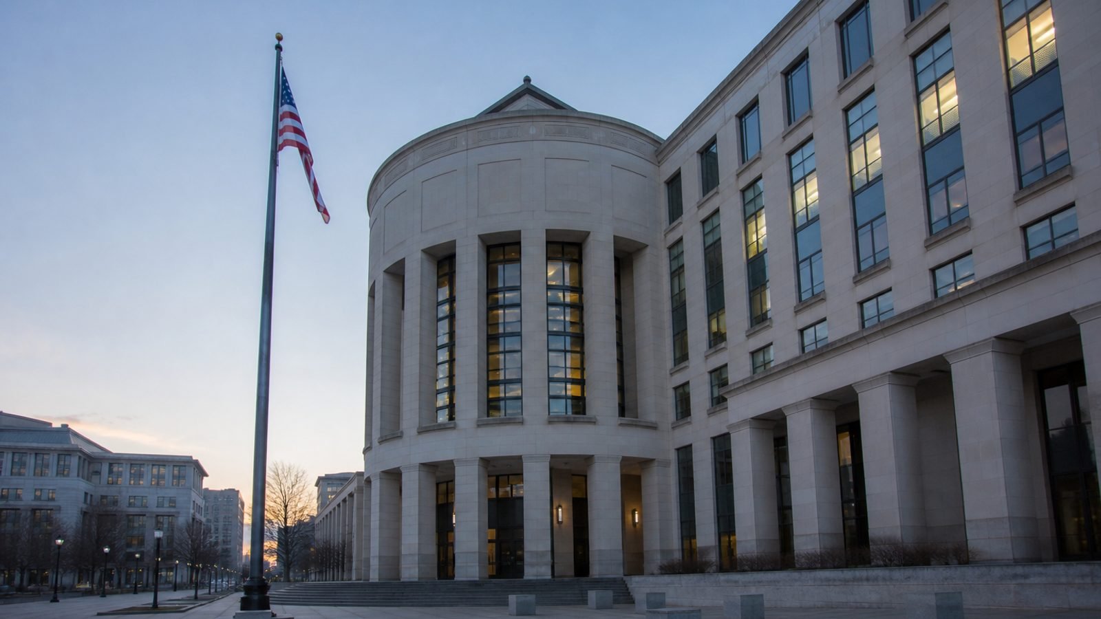 A Virginia federal courthouse at dusk