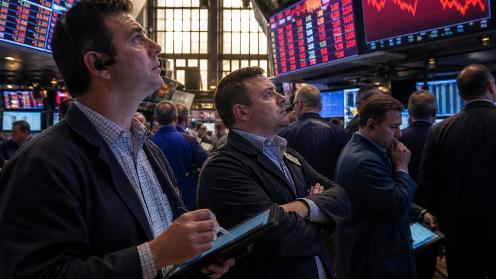 Traders watching screens on a stock exchange floor at the close