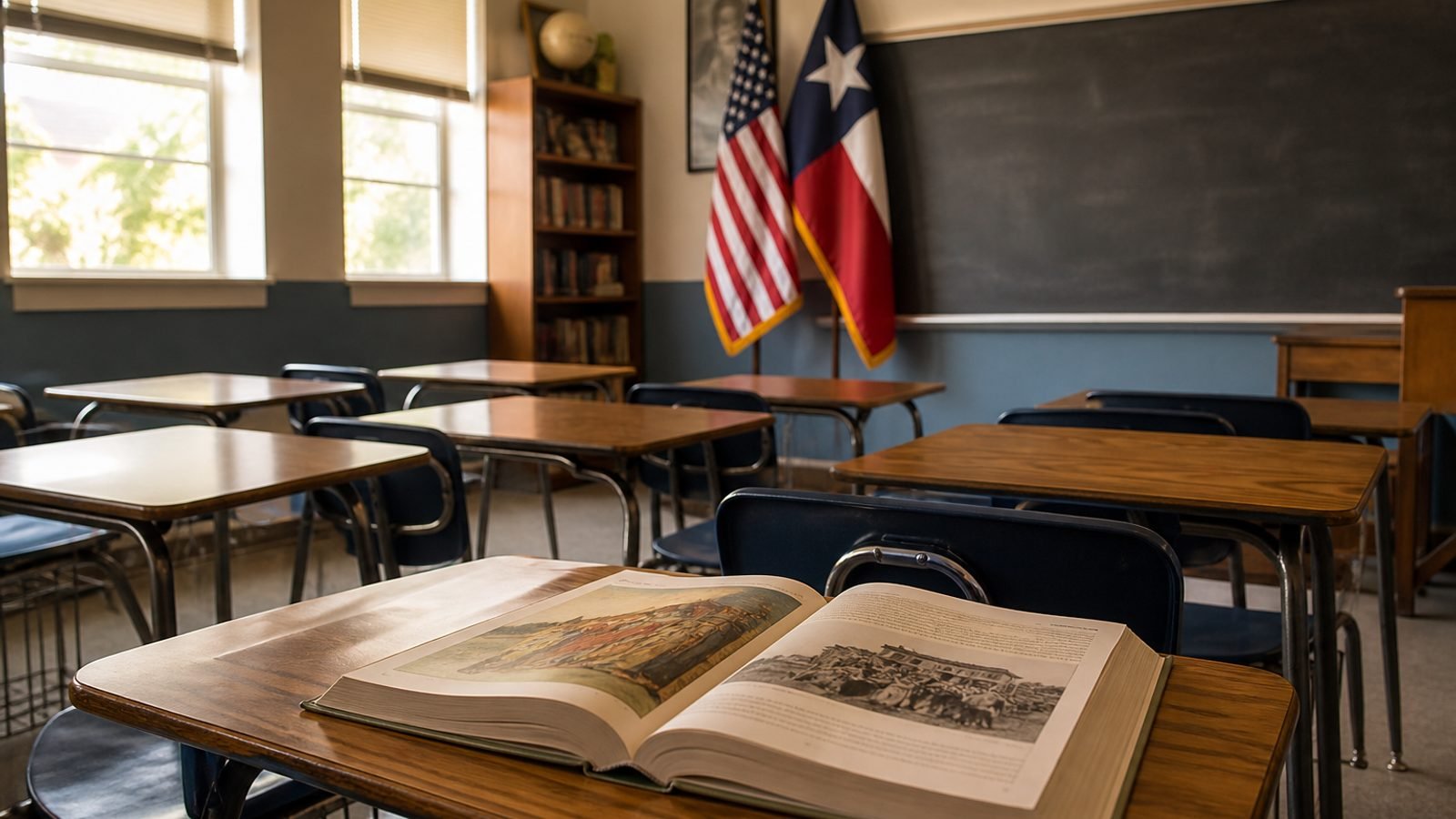 A Texas high school classroom with empty desks and an open history book