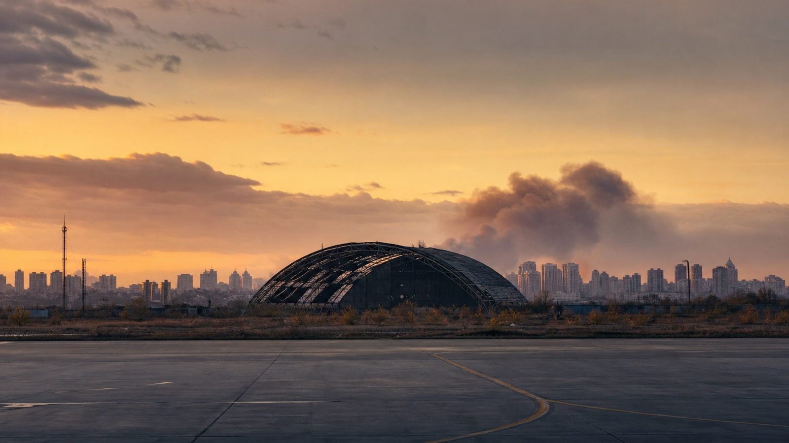 Evening Kyiv skyline with a damaged hangar silhouette and distant smoke