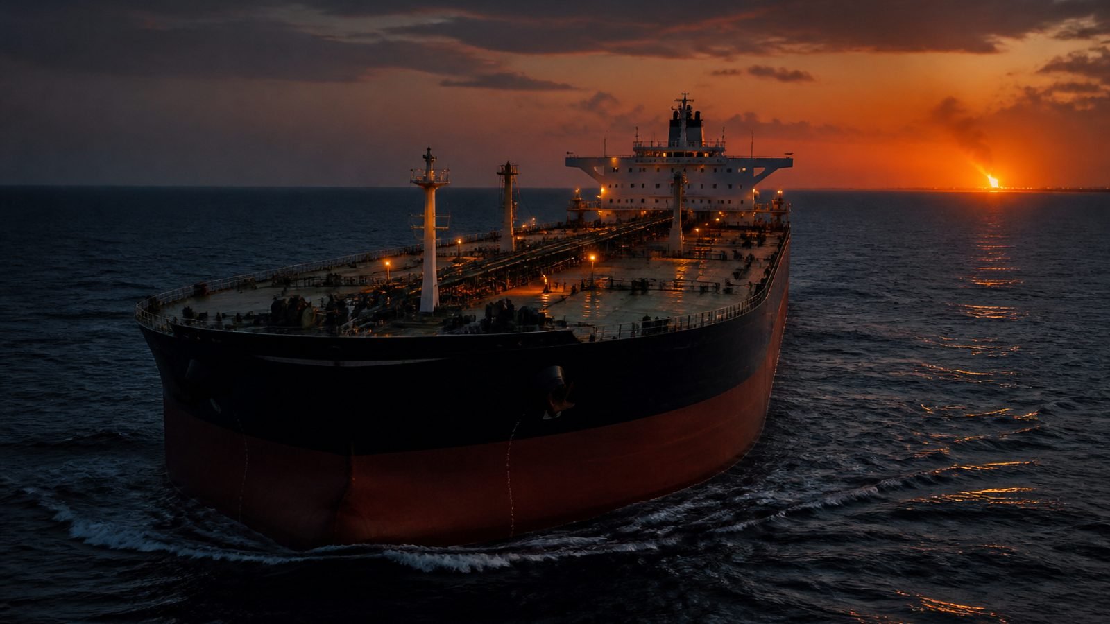 A crude oil tanker on dark water at dusk