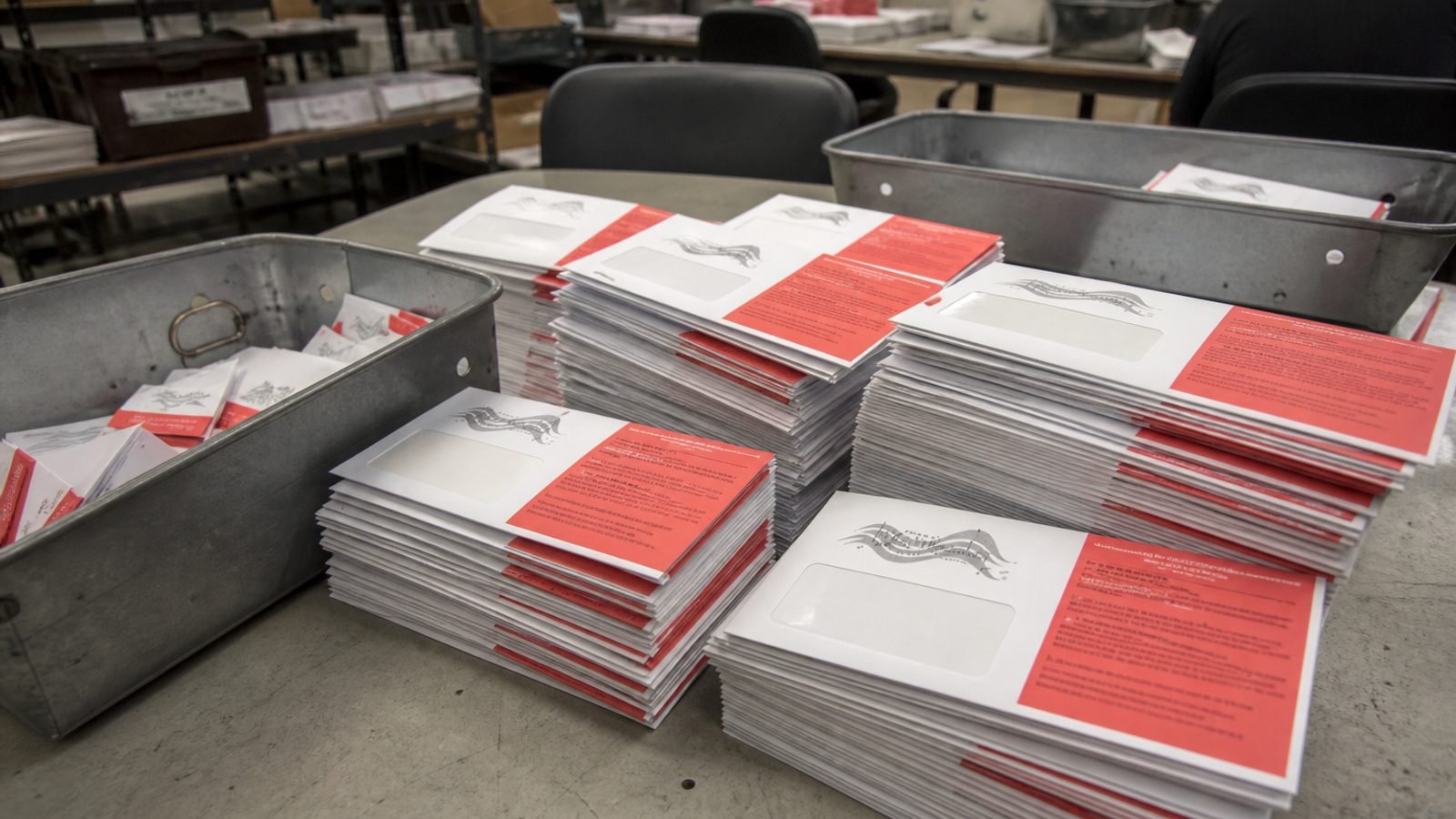 Stacks of sealed election envelopes on a postal sorting table