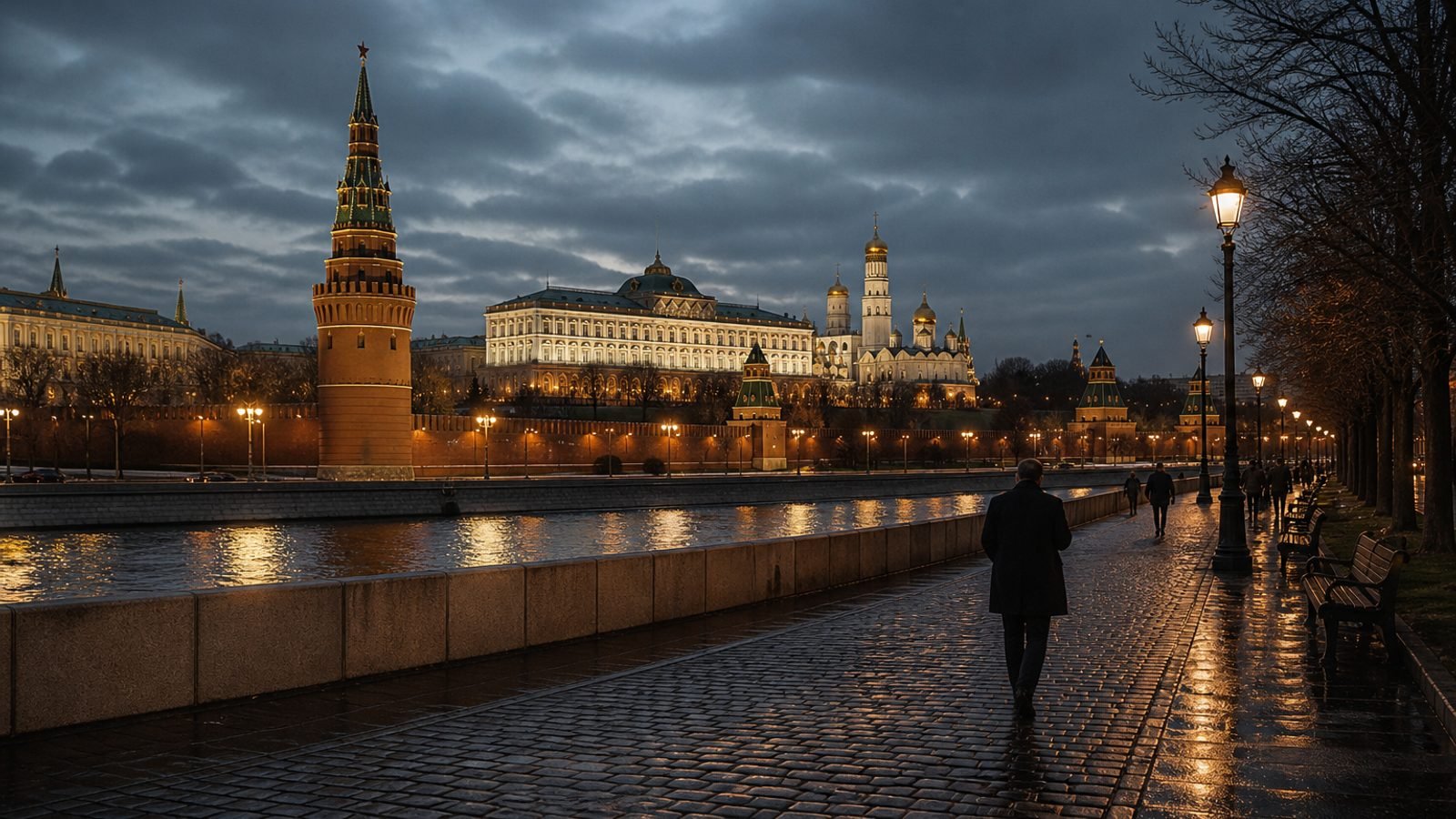 Kremlin towers and the Moscow river at evening
