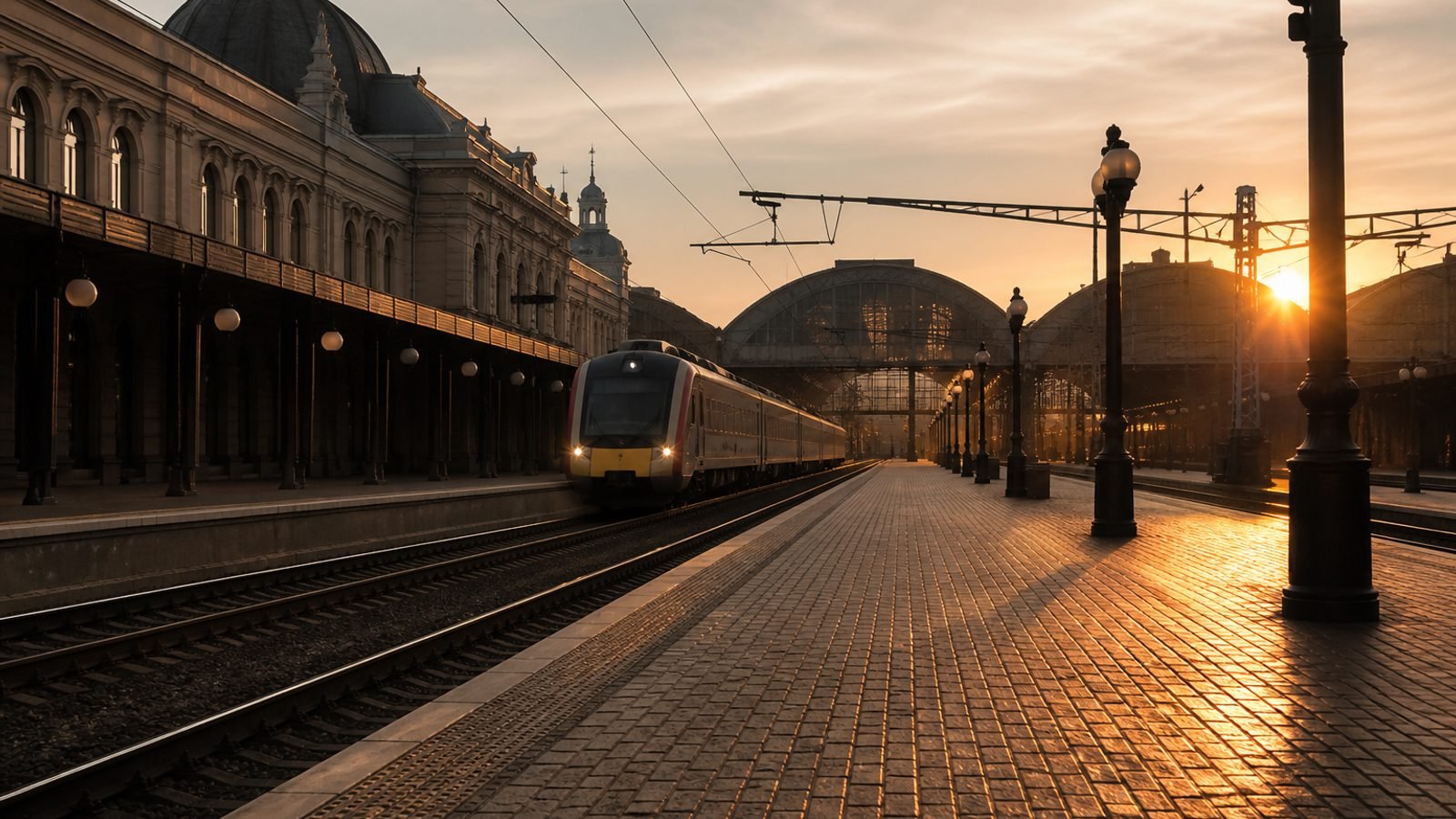 A train arriving at a grand European station at dawn