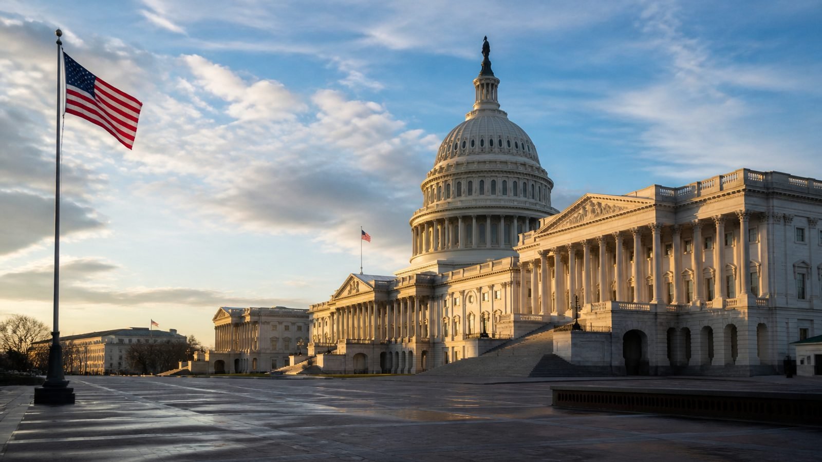 The US Capitol at late afternoon with American flags