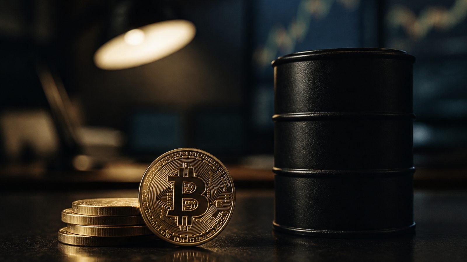 Physical Bitcoin coins on a dark trading desk