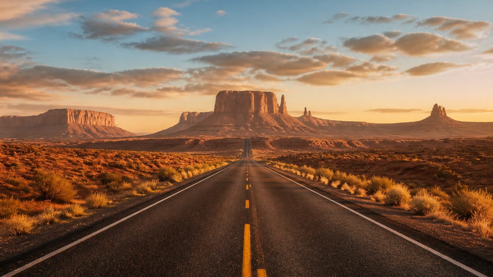 A desert highway at golden hour under a wide sky