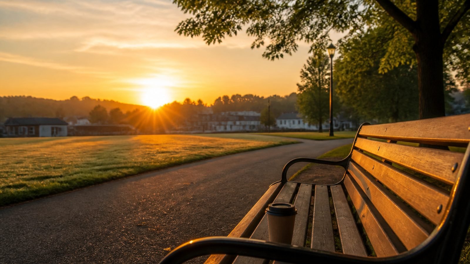 A quiet sunrise over a small-town park bench