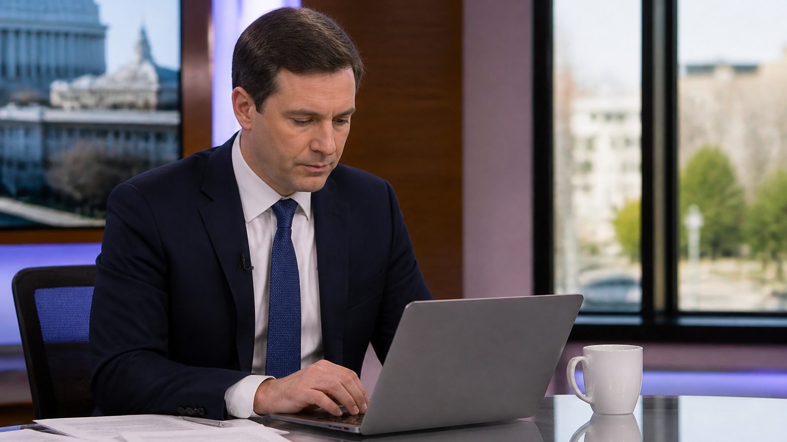Sunday midday news desk with coffee and a laptop