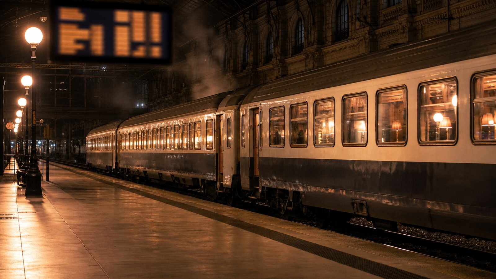 A passenger train at a grand station platform at night