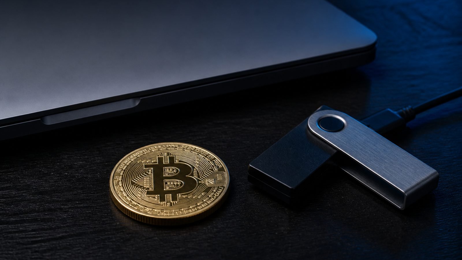 A physical Bitcoin coin on a dark desk beside a hardware wallet
