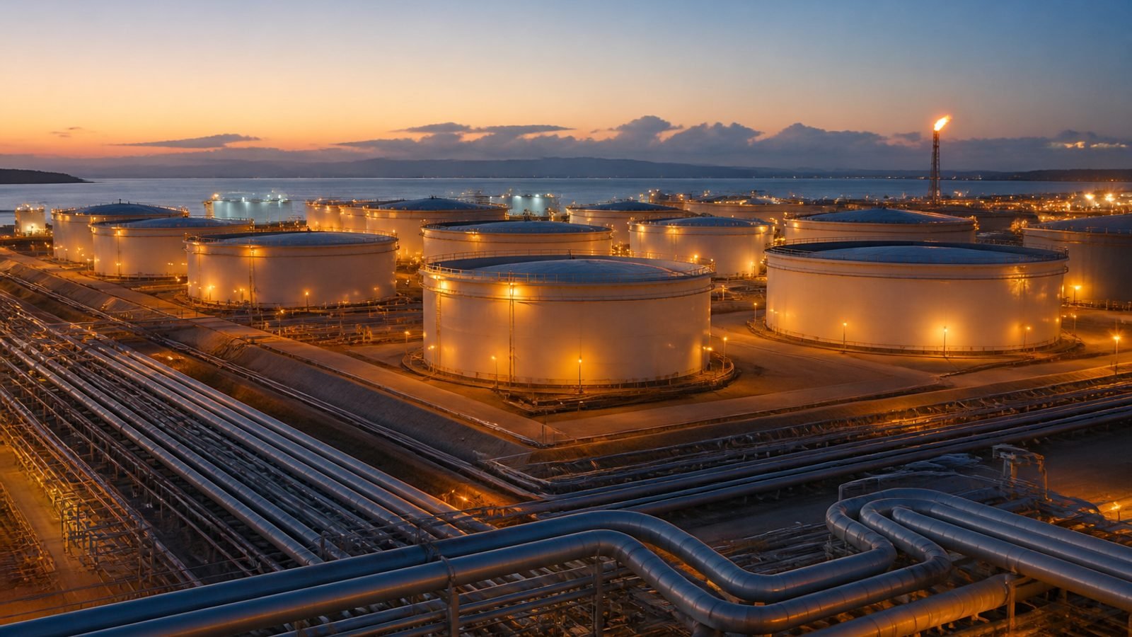 Oil storage tanks and pipelines at dusk