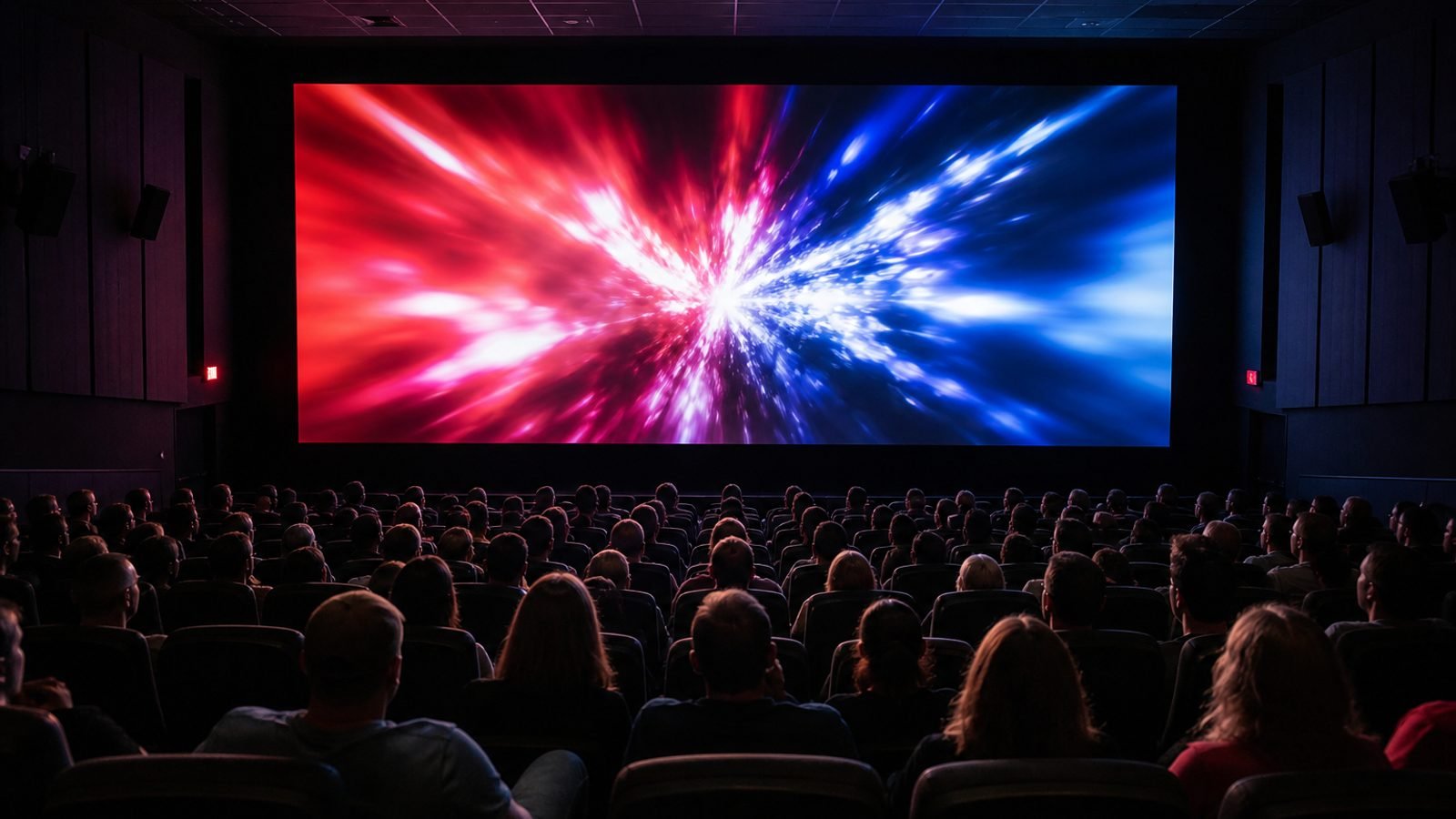 A packed movie theater with a glowing screen and audience silhouettes