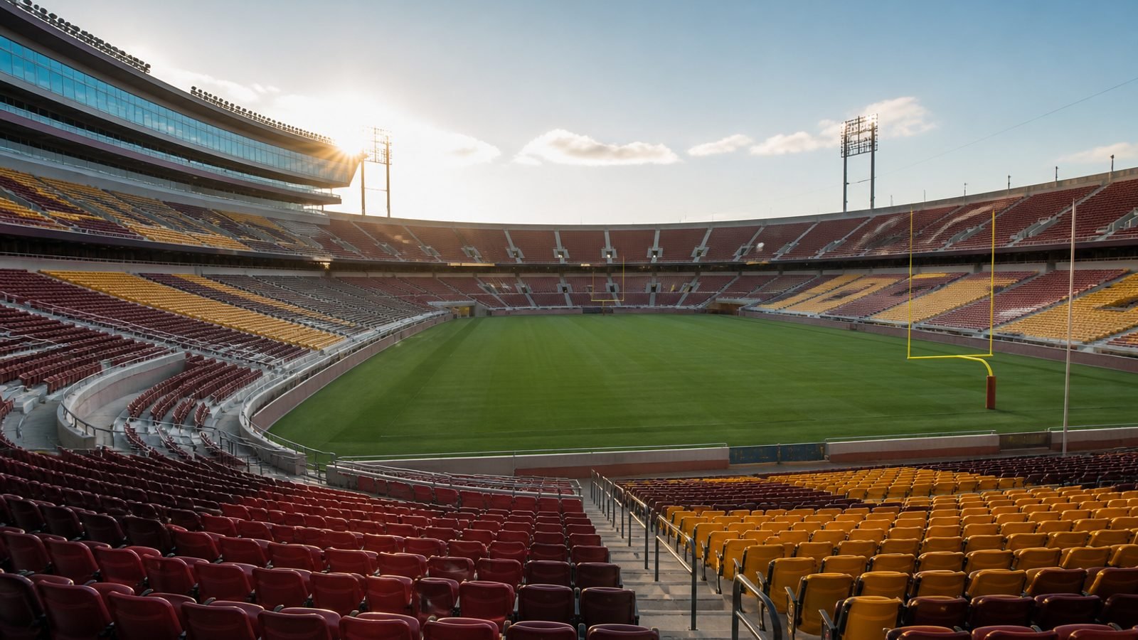 A college football stadium in late afternoon sun