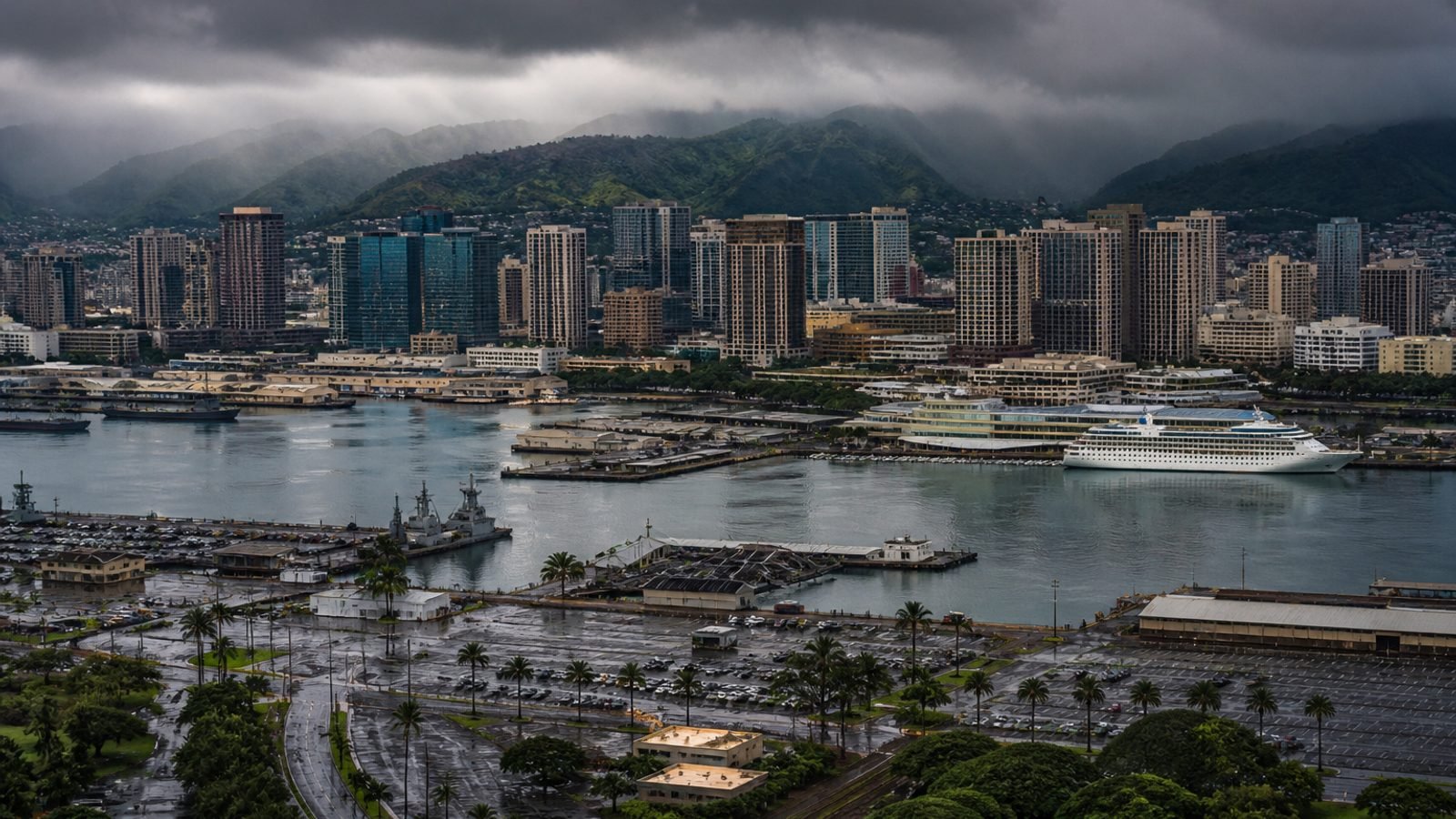 Honolulu harbor under a dark tropical rainband