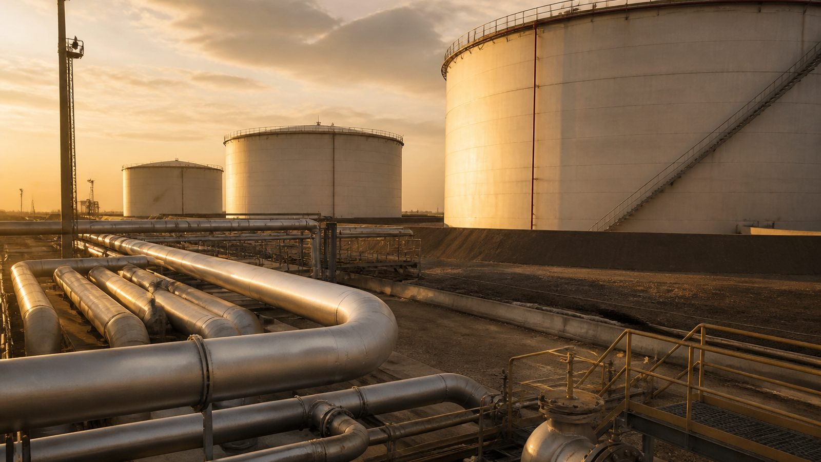 Oil storage tanks and pipelines in late afternoon light