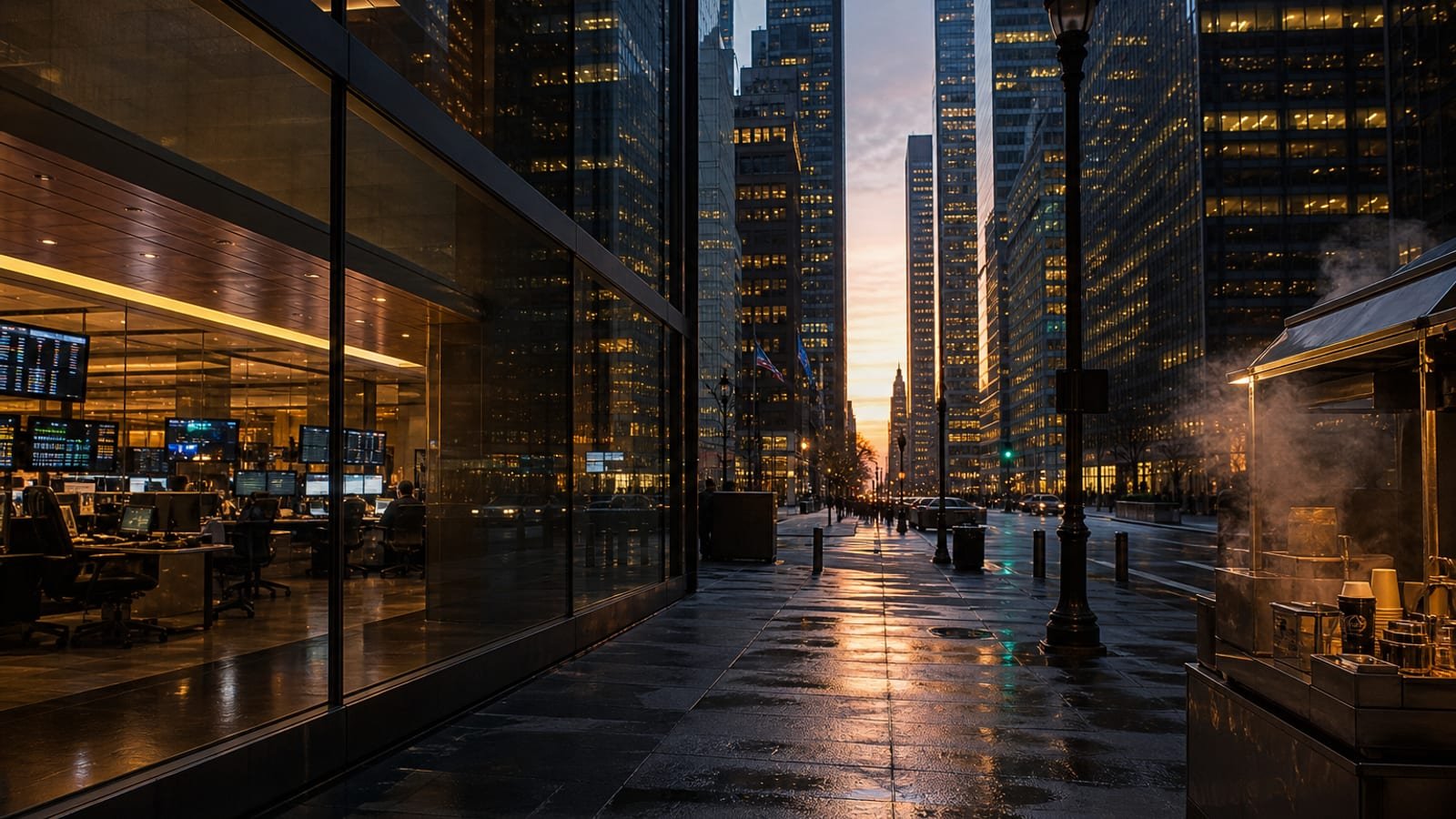 A New York financial-district street at Tuesday dawn with trading-floor glow in the windows