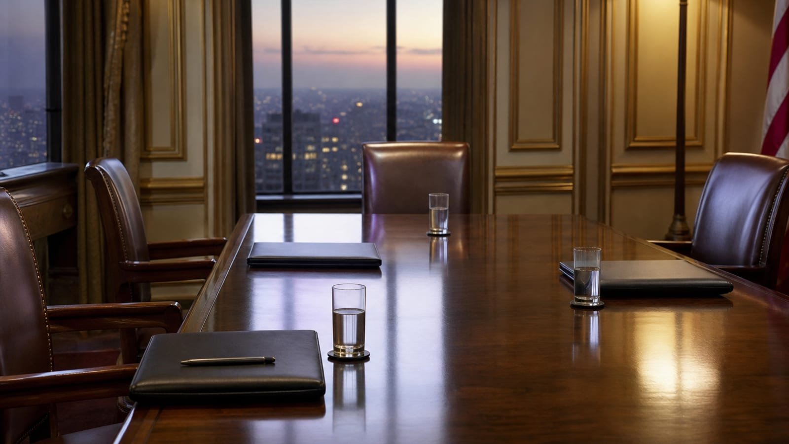 An empty diplomatic conference table with water glasses and leather folders at dusk