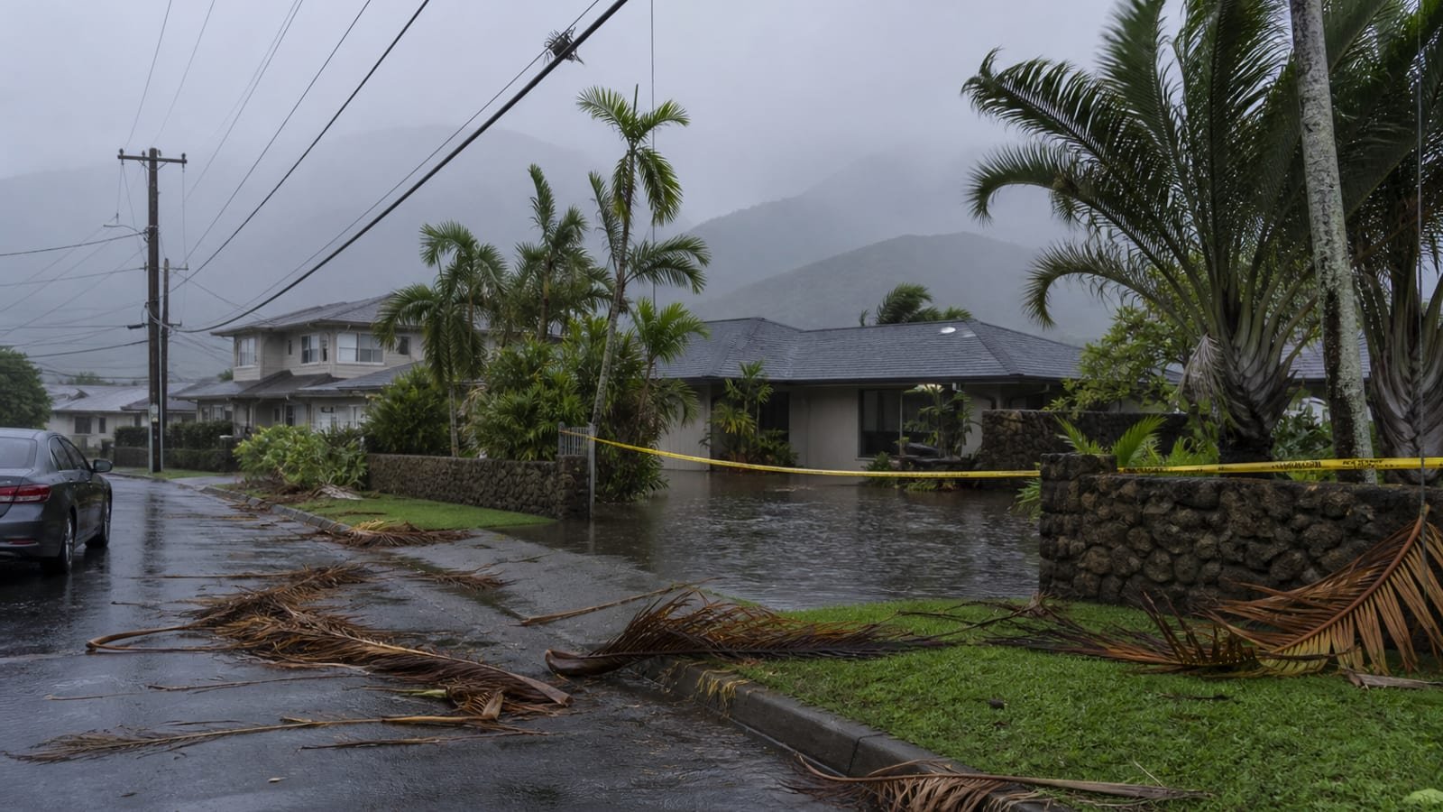 A flooded Hawaiian driveway with downed palm fronds and yellow caution tape