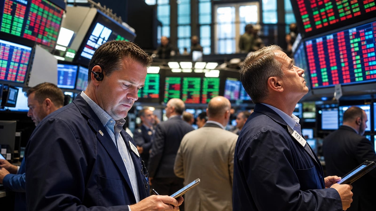 Traders watching screens on the New York Stock Exchange floor at midday