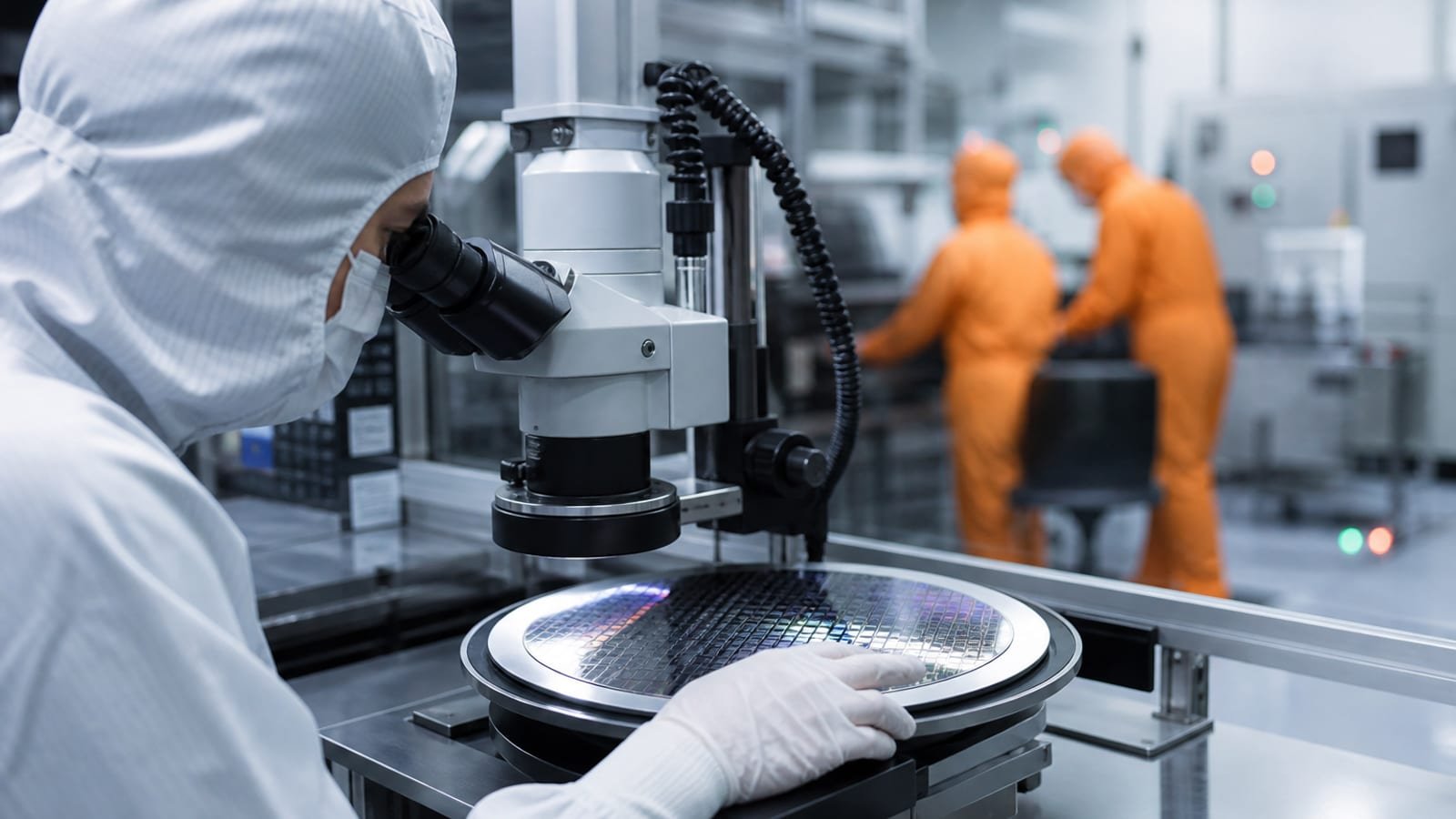A silicon wafer under inspection in a semiconductor cleanroom