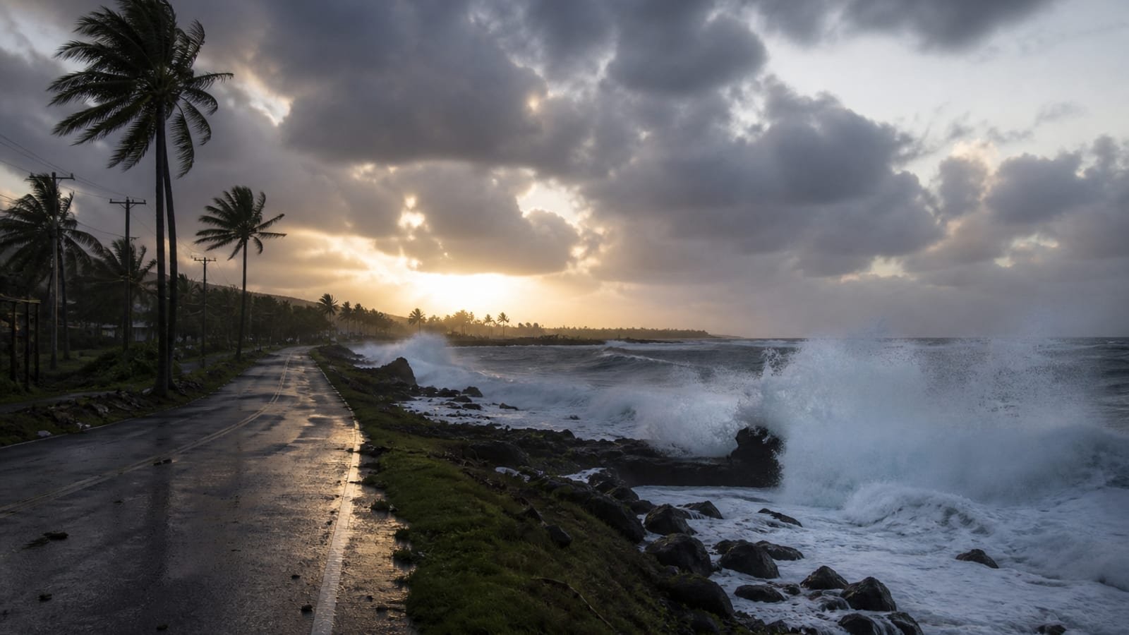Leftover Pacific swell exploding on a Hawaiian rocky coast after the storm moved offshore
