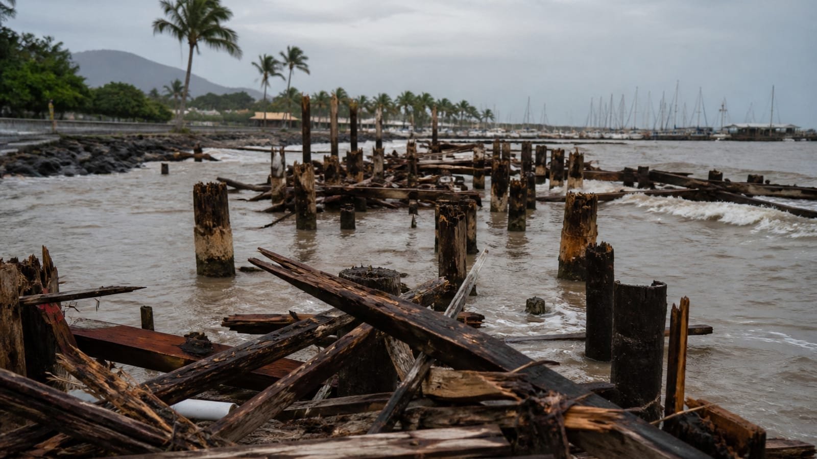 Wooden pier wreckage in a muddy Hawaiian harbor after a hurricane