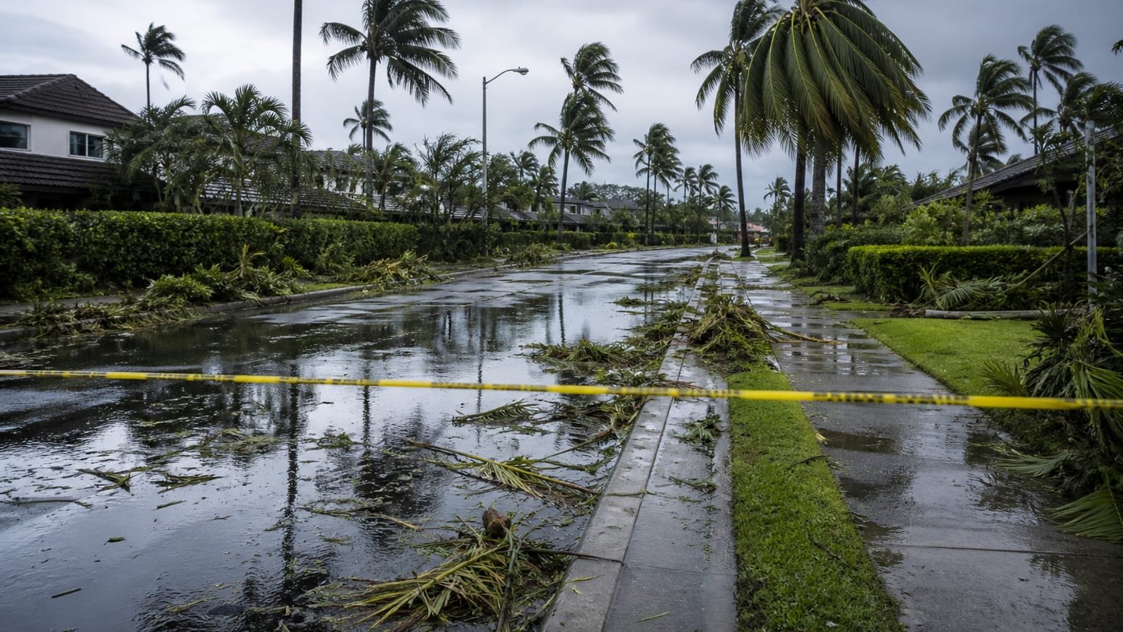 A flooded Hawaiian street with yellow caution tape and downed palm fronds
