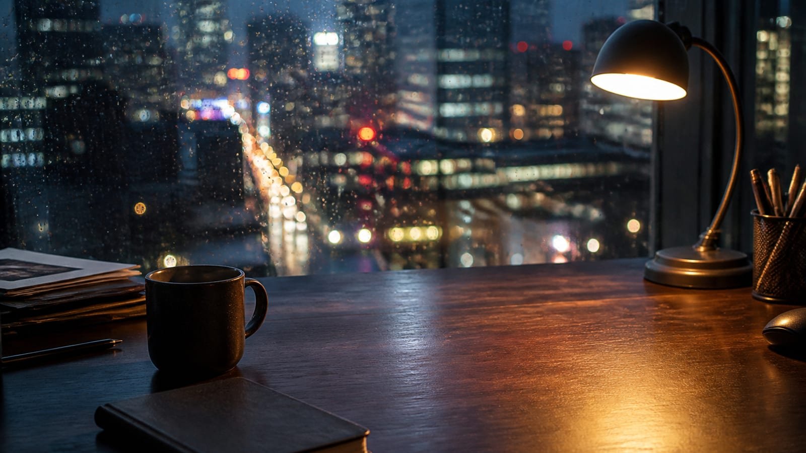 Tuesday evening news desk with coffee and a notebook beside a rainy window