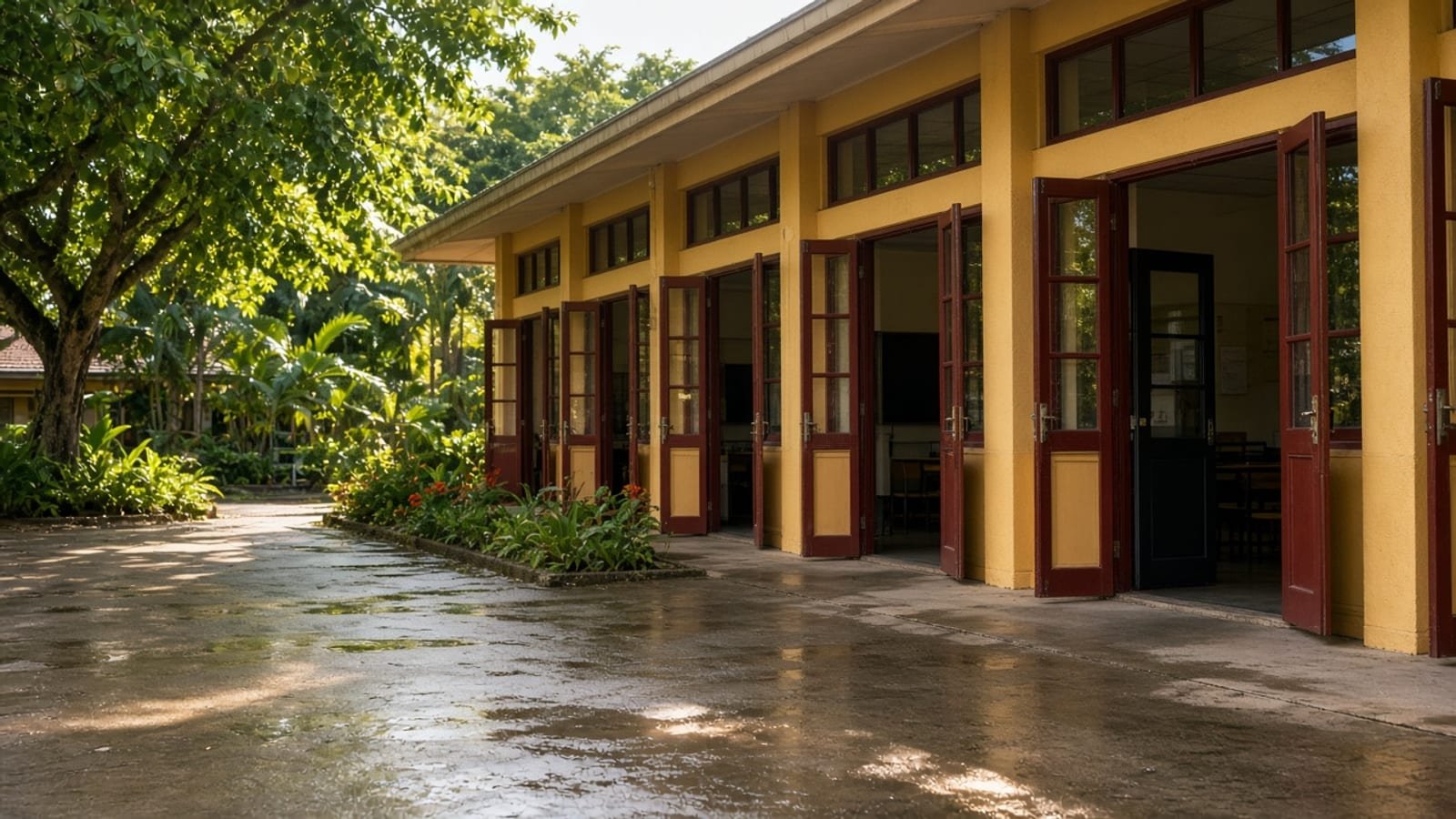 A Honolulu school courtyard in morning sun after the storm passed
