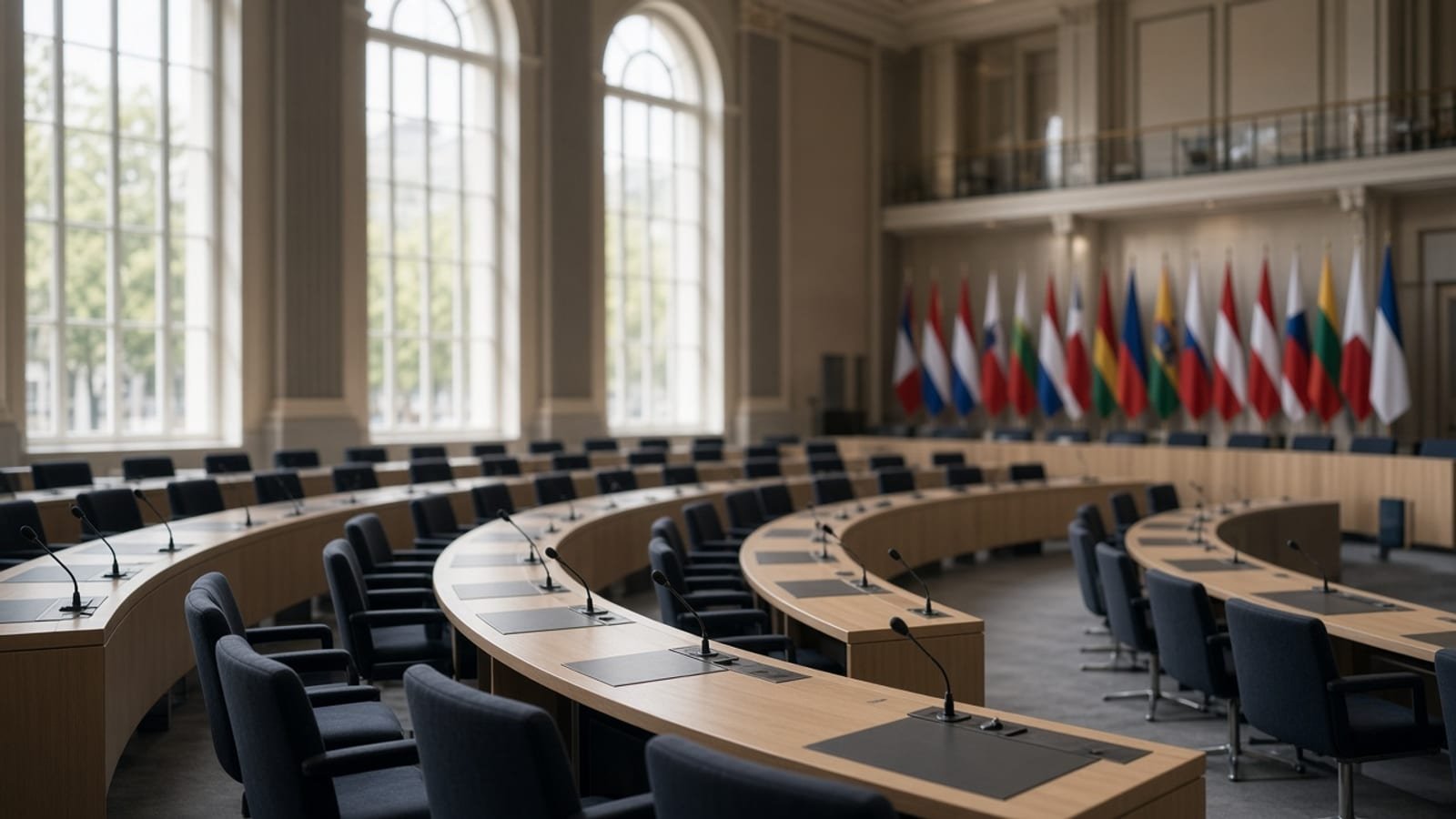 An empty international conference hall with microphones before a board session