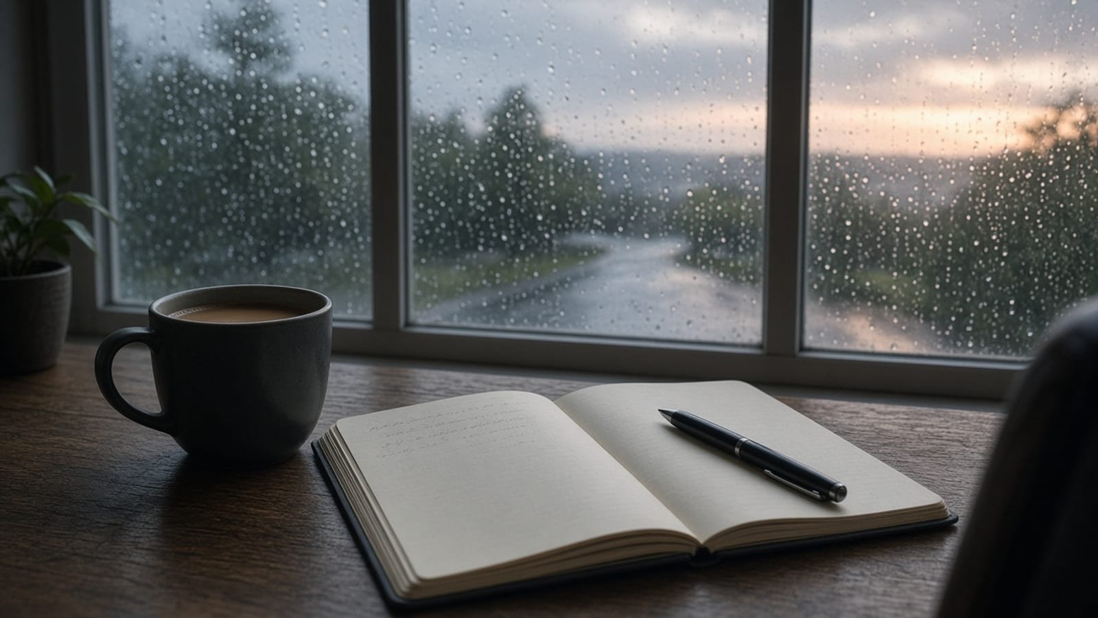 Wednesday morning news desk with coffee and a notebook in dawn light