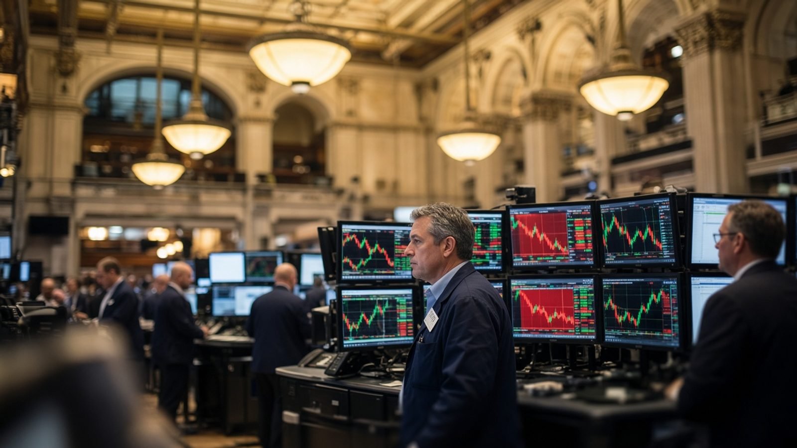 Traders watching screens on the New York Stock Exchange floor at midday