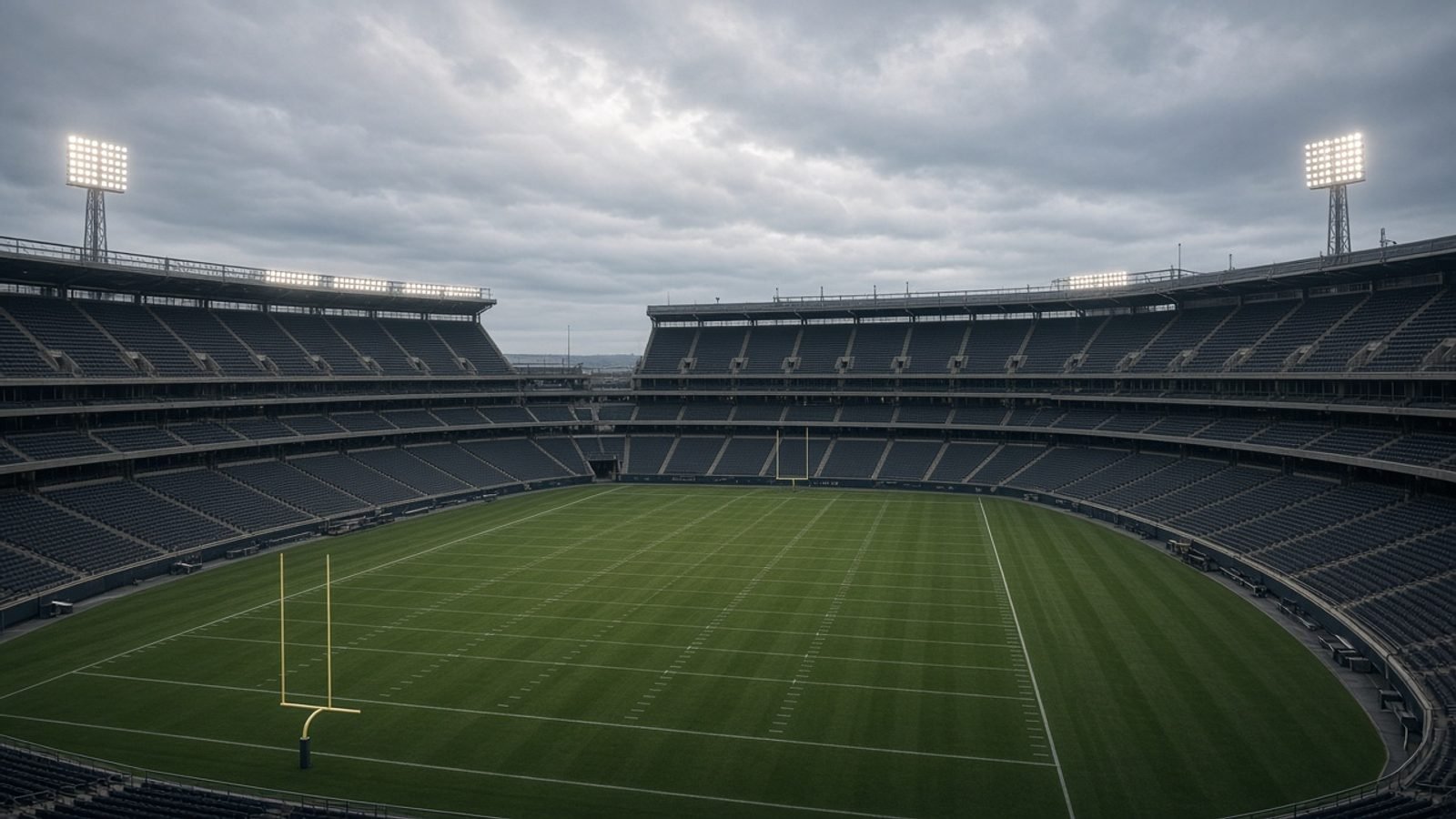 NFL stadium at late afternoon with floodlights coming on over an empty field