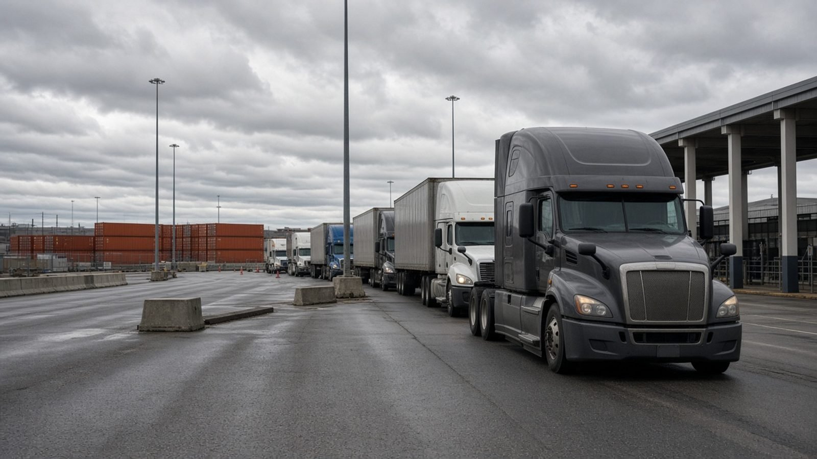 Freight trucks queued at a North American border crossing under overcast sky